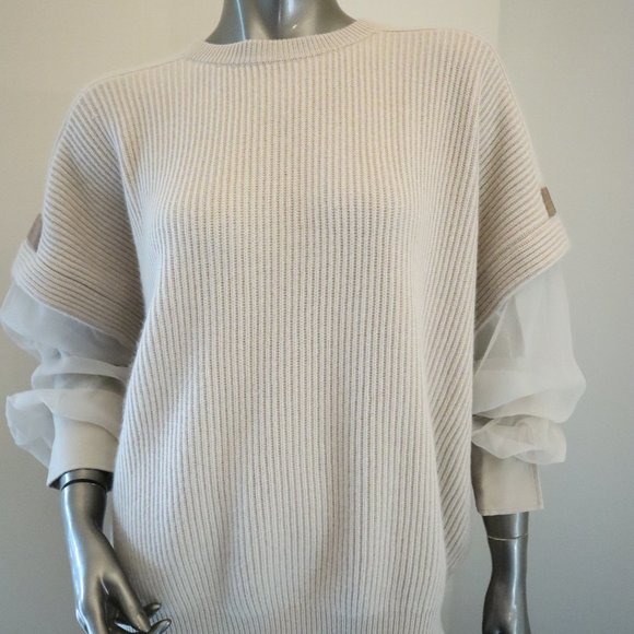 Brunello Cucinelli Cashmere Sweater Monili Beige Shear Sleeves Size X-Large New - Picture 3 of 10